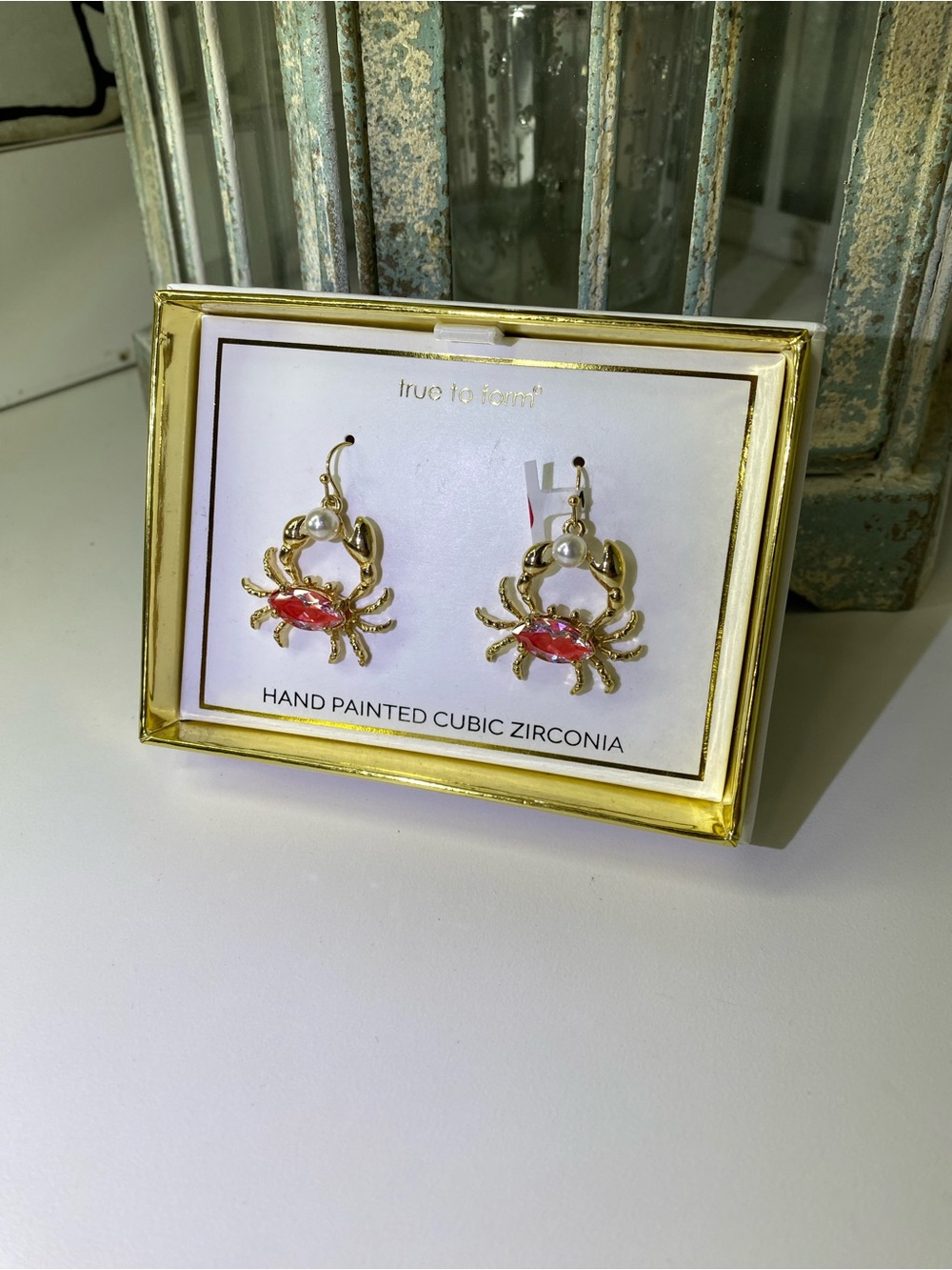 True to Form cubic zirconia Gold Crab holding Pearl Earrings